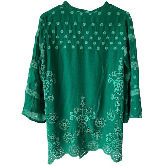JOHNNY WAS Embroidered Evy Flower Blouse Green Size Small Flare Sleeve Boho Chic - Picture 5 of 7